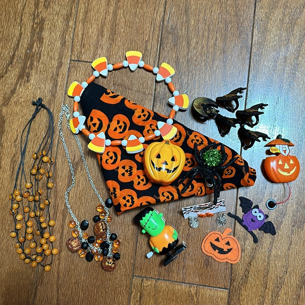 Halloween decor, earrings, pin, rings, necklaces and more bundle